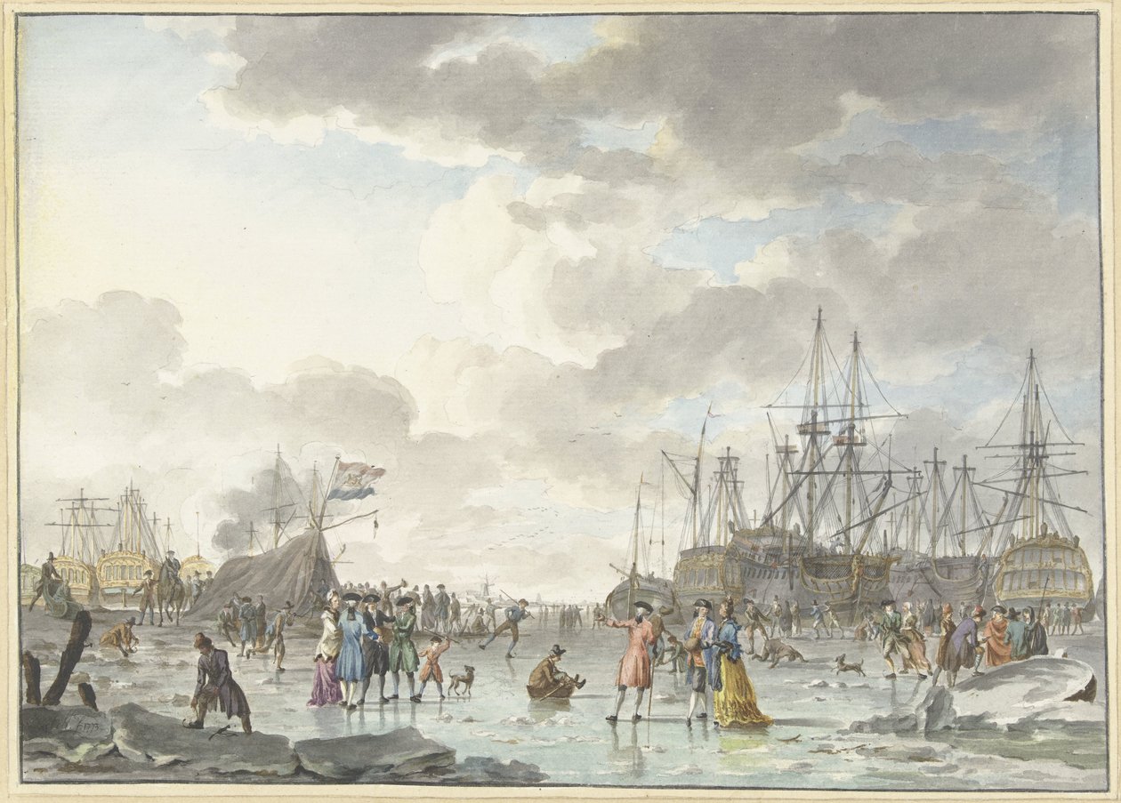 Fiera del gelo su un fiume ghiacciato con navi da Hendrik Kobell