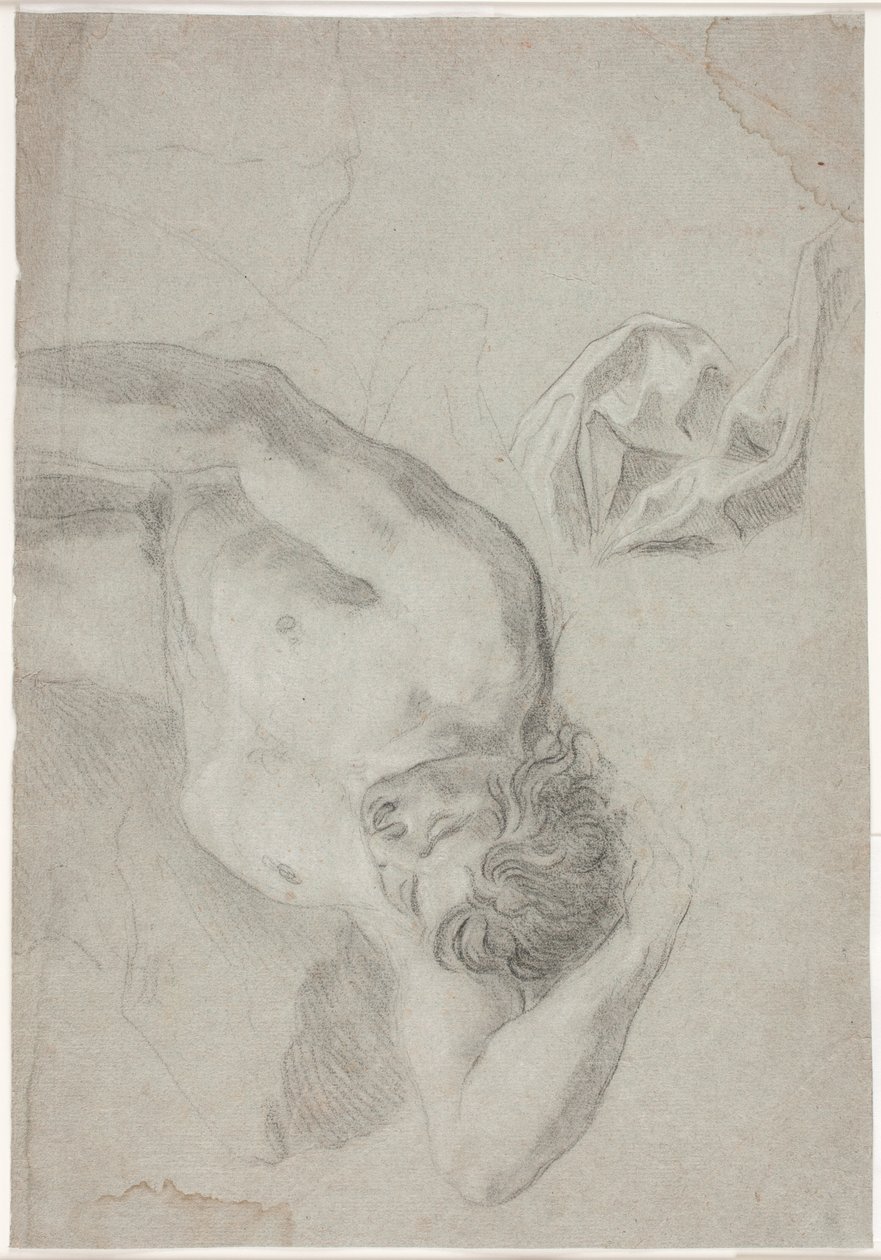 Studio di modello maschile, sdraiato sulla schiena, studio di ginocchio e drappeggio da Hendrik Krock