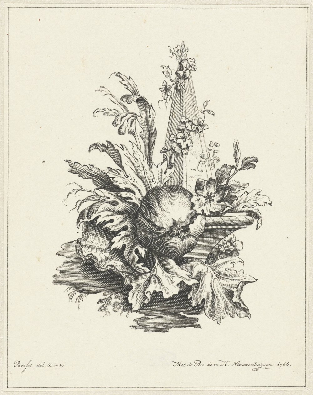 Ornamento con melograno con foglie e obelisco da Hendrik Nieuwenhuysen