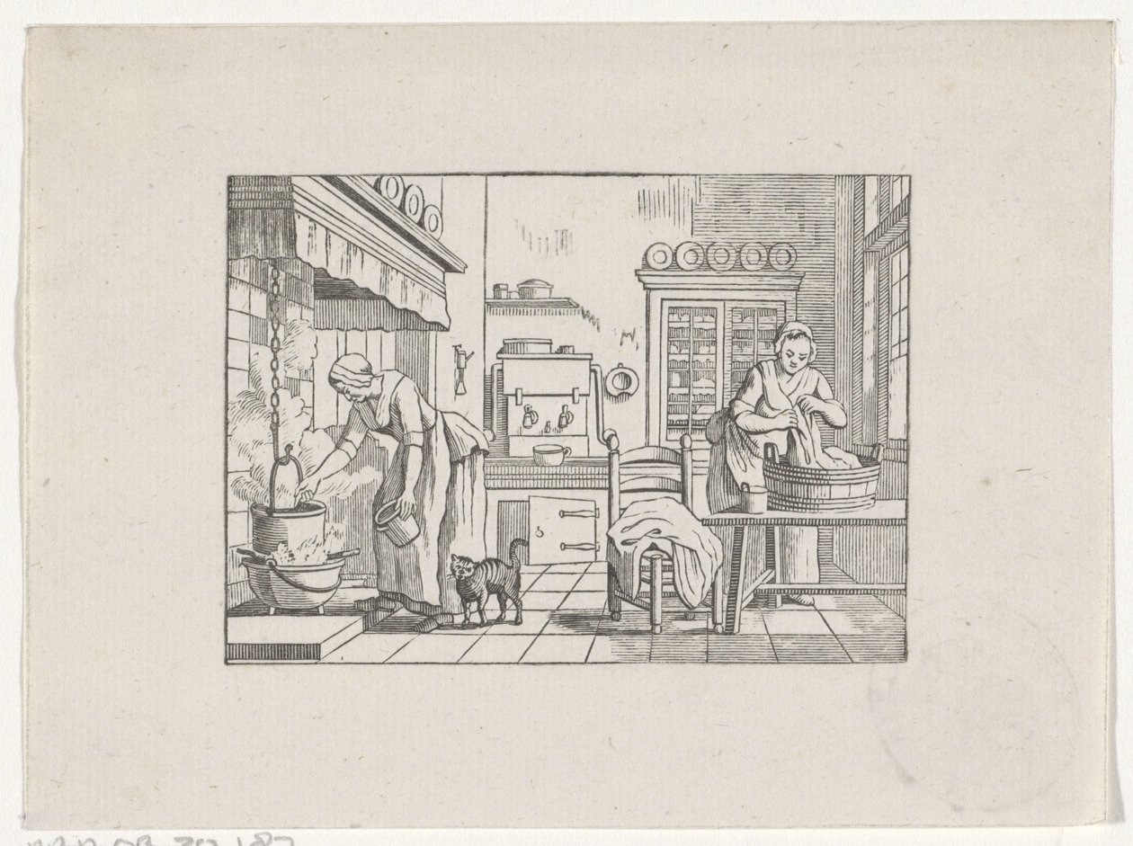 Interno di cucina con due donne al lavoro da Hendrik Numan