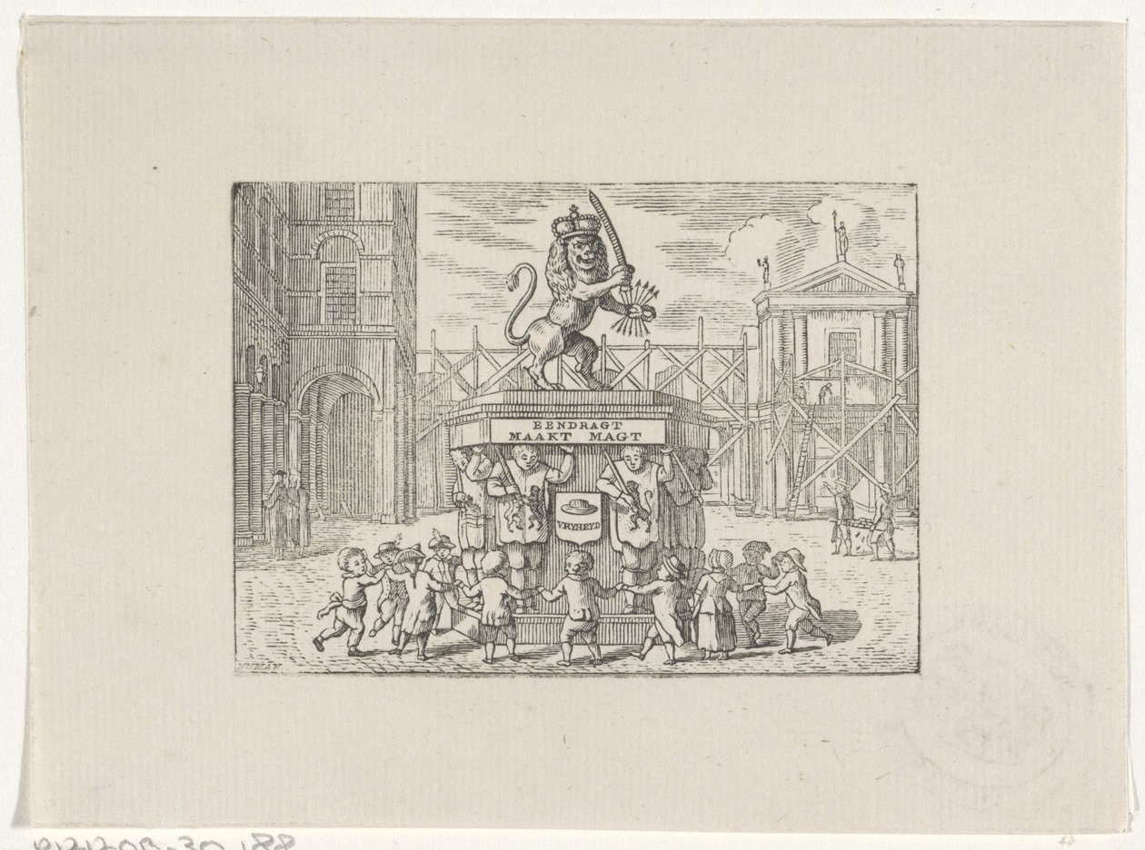 Bambini che danzano in cerchio attorno a un monumento delle Sette Province da Hendrik Numan
