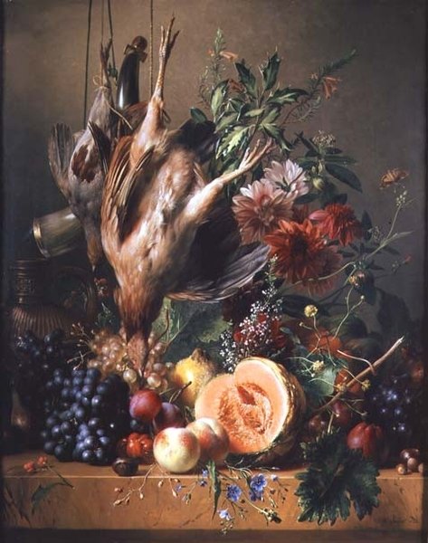 Pernici, uva, prugne, pesche, un melone e crisantemi su una mensola da Hendrik Reekers