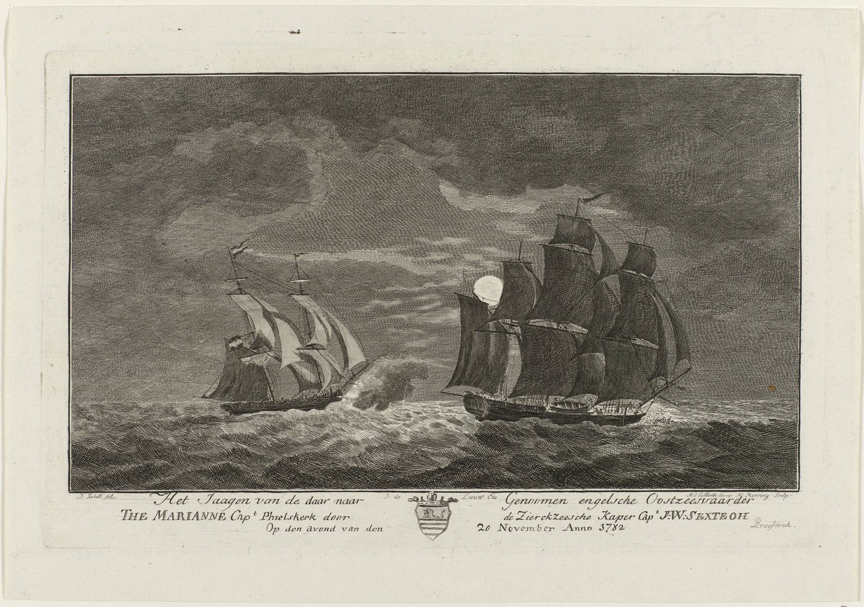 Sextroh insegue la Marianne, 1782 (La caccia alla nave inglese The Marianne Capt. Phielskerk da parte del corsaro di Zierikzee Capt. J:W:Sextroh la sera del 20 novembre 1782) da Hendrik Roosing