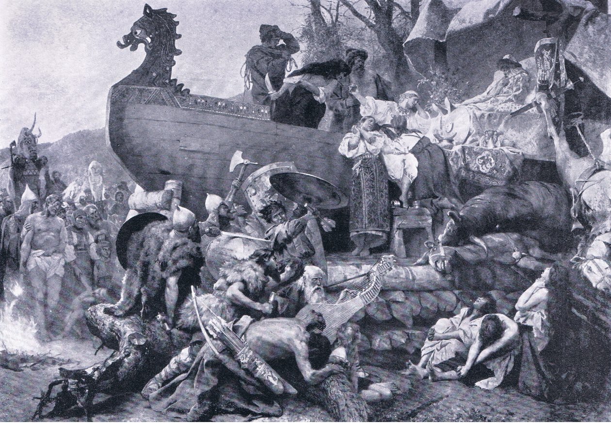 Cremazione di un capo nella Russia orientale, decimo secolo, illustrazione da Landmarks in European History pubblicata da Gresham Publishing Co, c.1920 (litografia) da Henryk Siemiradzki