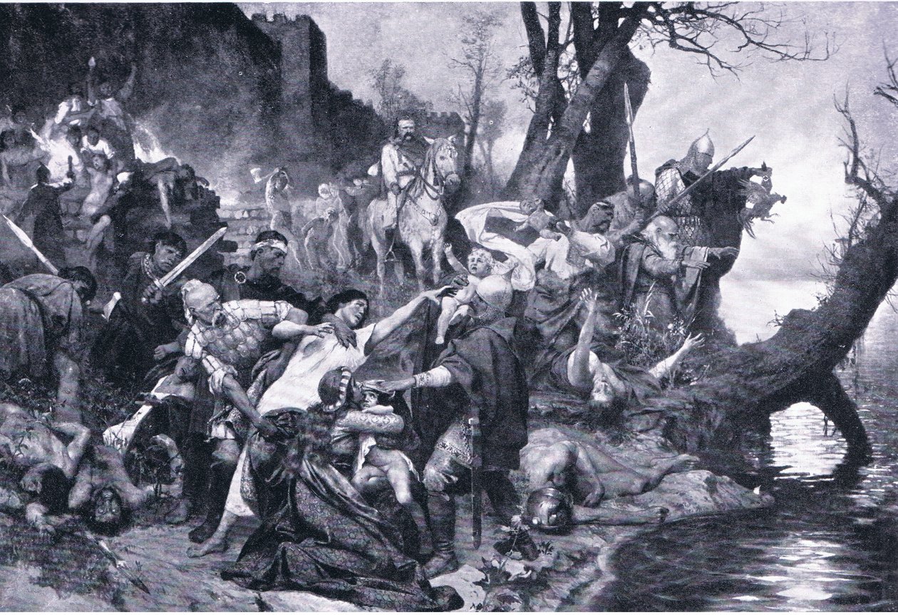 Guerrieri di Sviatoslav al massacro sotto le mura di Drster (Durostorus), illustrazione da Landmarks in European History pubblicata da Gresham Publishing Co, c.1920 da Henryk Siemiradzki