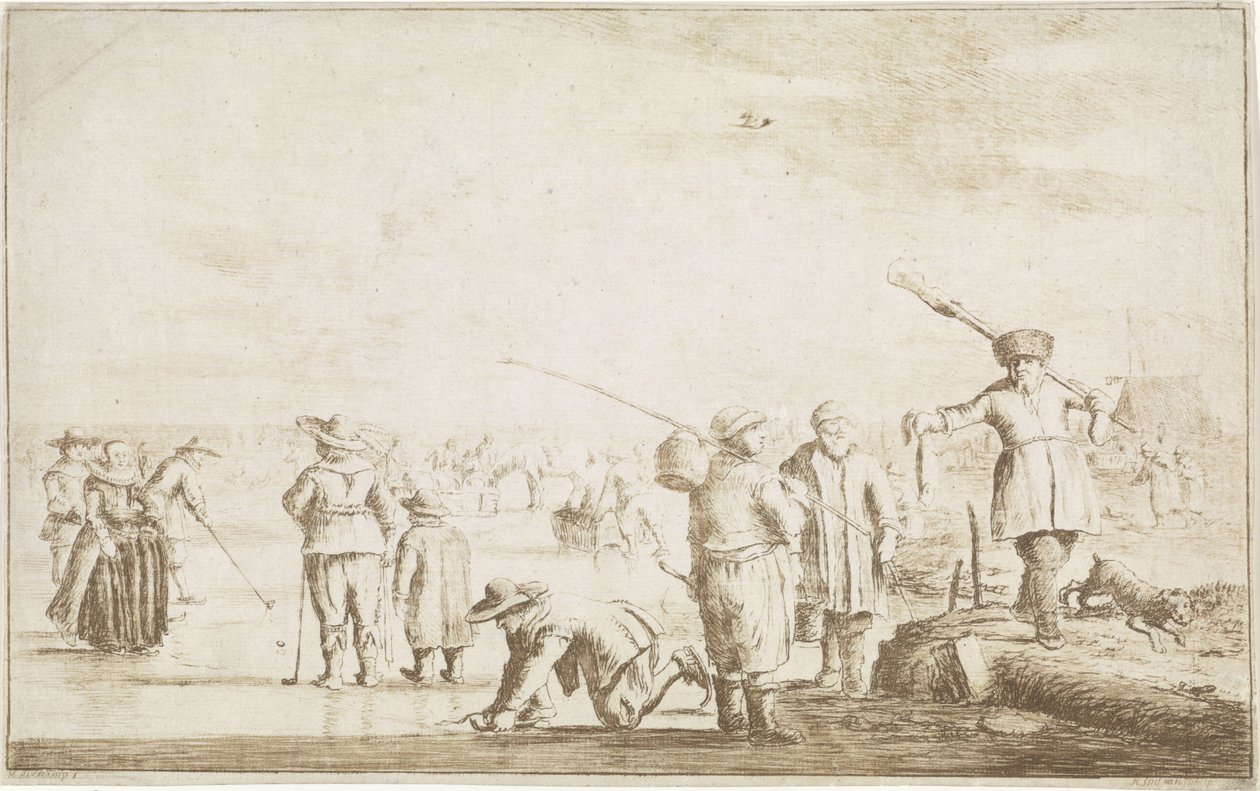 Paesaggio invernale con cacciatore che mostra una lontra da Hendrik Spilman