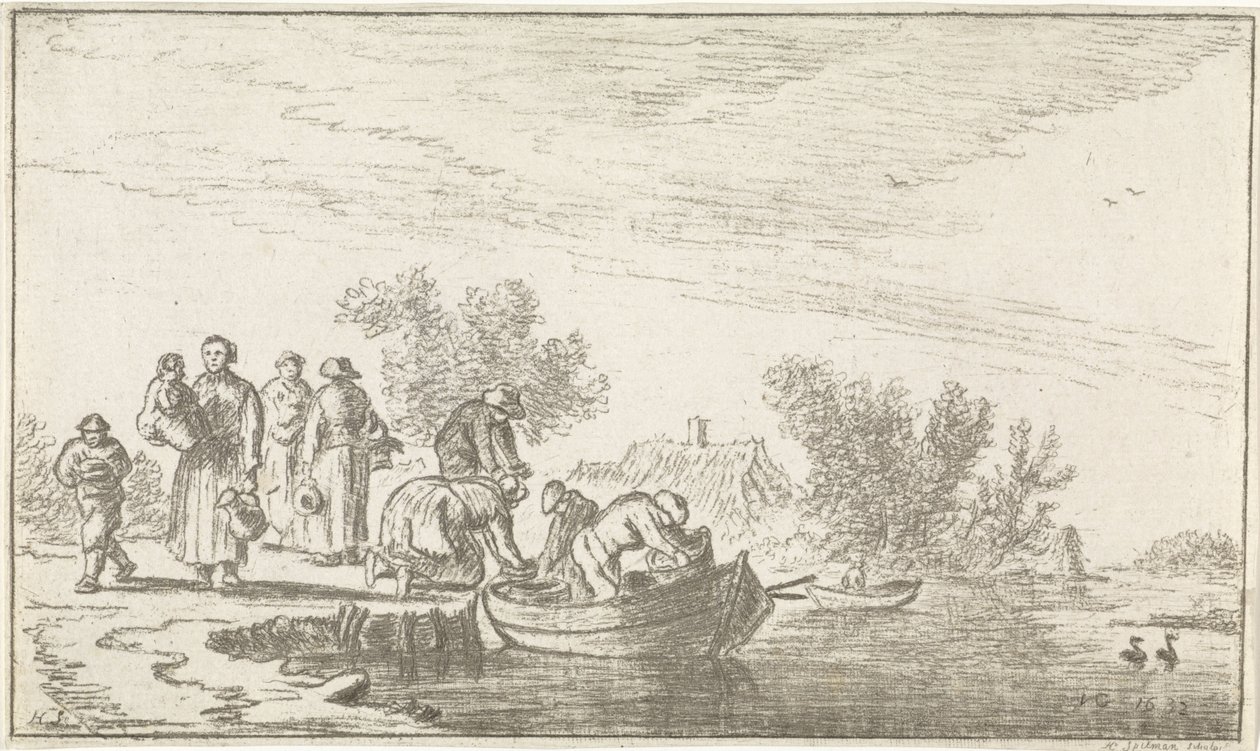 Veduta del fiume con barca a remi ormeggiata da Hendrik Spilman