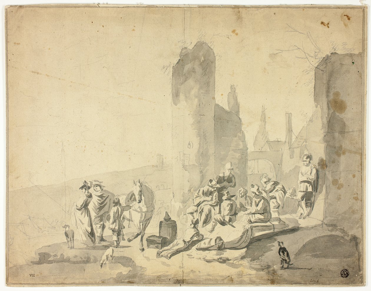 Scena di porto con varie figure da Hendrik Verschuring