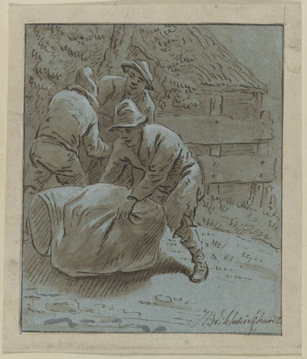 Tre uomini in un paesaggio vicino a una botte sdraiata e un sacco da Hendrik Willem Schweickhardt (signed by artist)