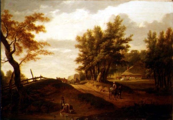 Paesaggio boschivo con un carro e contadini che viaggiano su una strada, una lavandaia a uno stagno e una fattoria oltre da Hendrik Willem Schweickhardt