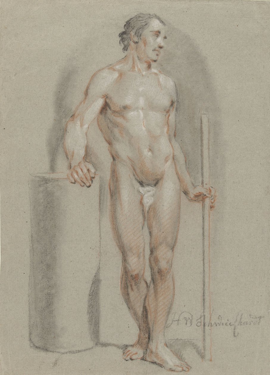 Nudo maschile in piedi, con un bastone in mano, appoggiato a un cilindro da studio da Hendrik Willem Schweickhardt
