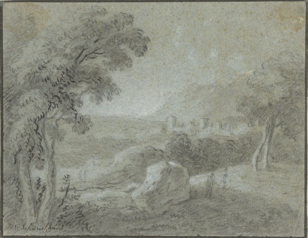 Paesaggio collinare meridionale con una città in lontananza da Hendrik Willem Schweickhardt