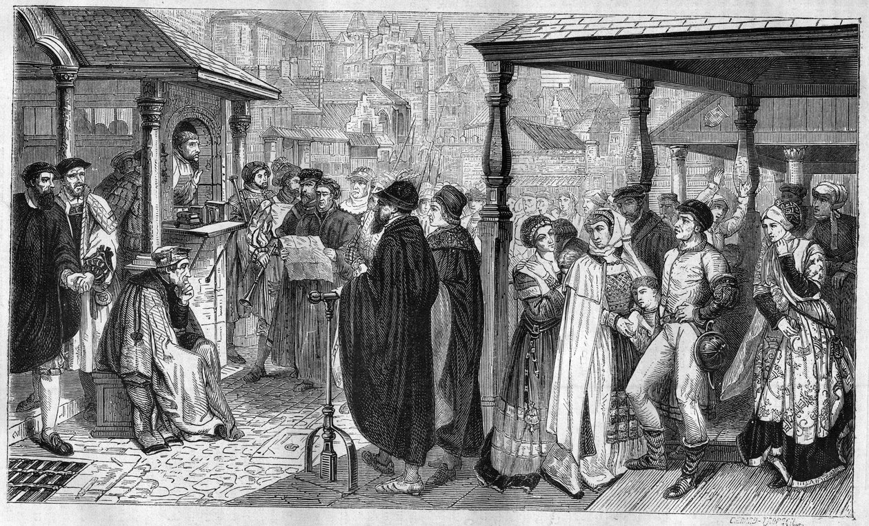 La pubblicazione degli editti di Carlo V ad Anversa: nel 1550, una legge stabilisce che chiunque sia convinto di eresia sarà bruciato o sepolto vivo, o decapitato. Incisione del 1866-1867 basata sul dipinto di Baron Henri Leys (1815-1869) da Hendrik or Henri Leys