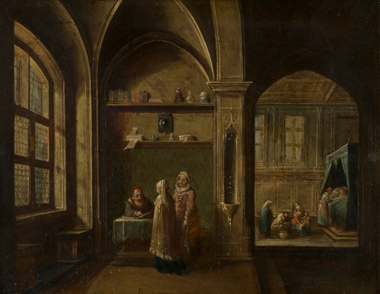 Un interno rinascimentale con figure: La nascita di San Giovanni (c.1600-49) da Hendrik the Younger Steenwyck