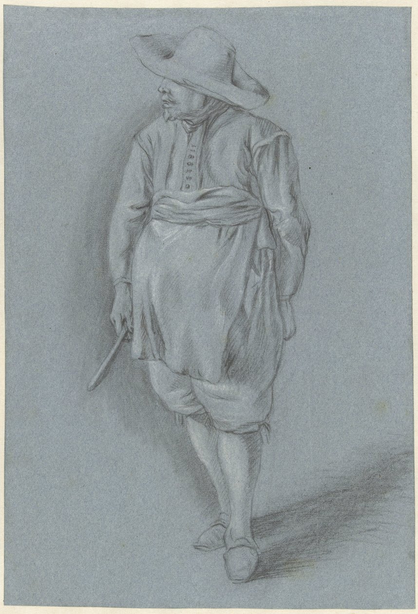 Uomo in abiti del XVII secolo con cappello, grembiule e coltello da Hendrik van Velthoven (attributed to)