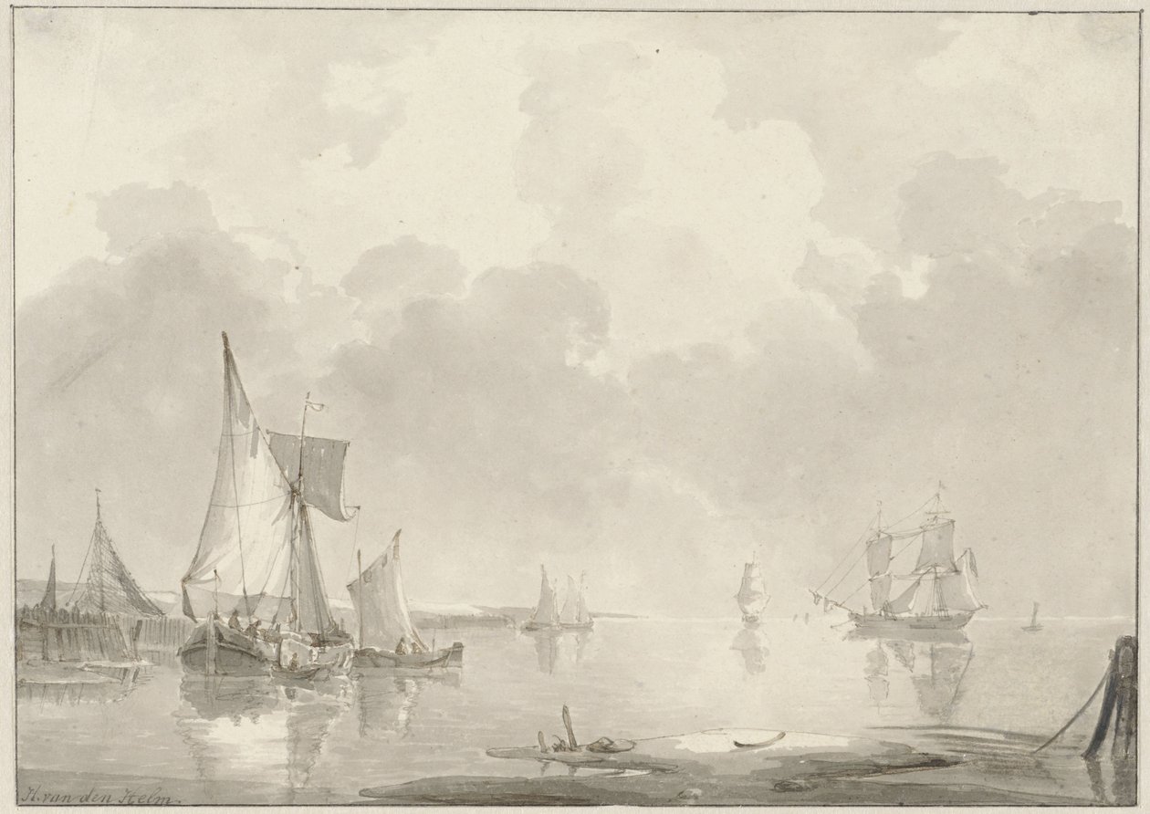 Vista della costa con navi in acque calme da Hendrik van den Helm
