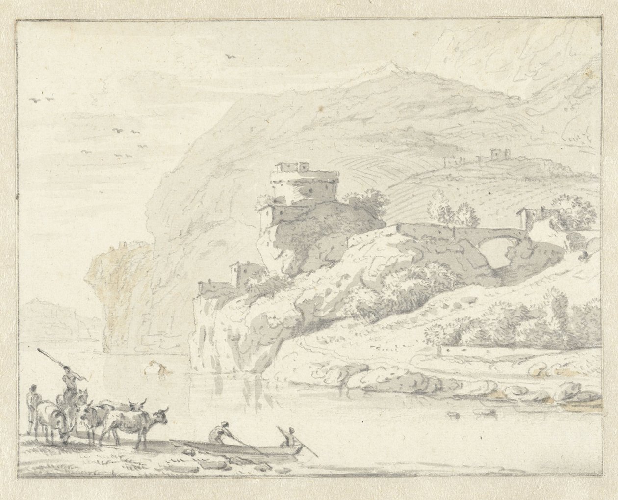 Paesaggio montano italianeggiante con pastori e bestiame, e due figure in una barca che attraversano il fiume da Hendrik van der Straaten (attributed to)