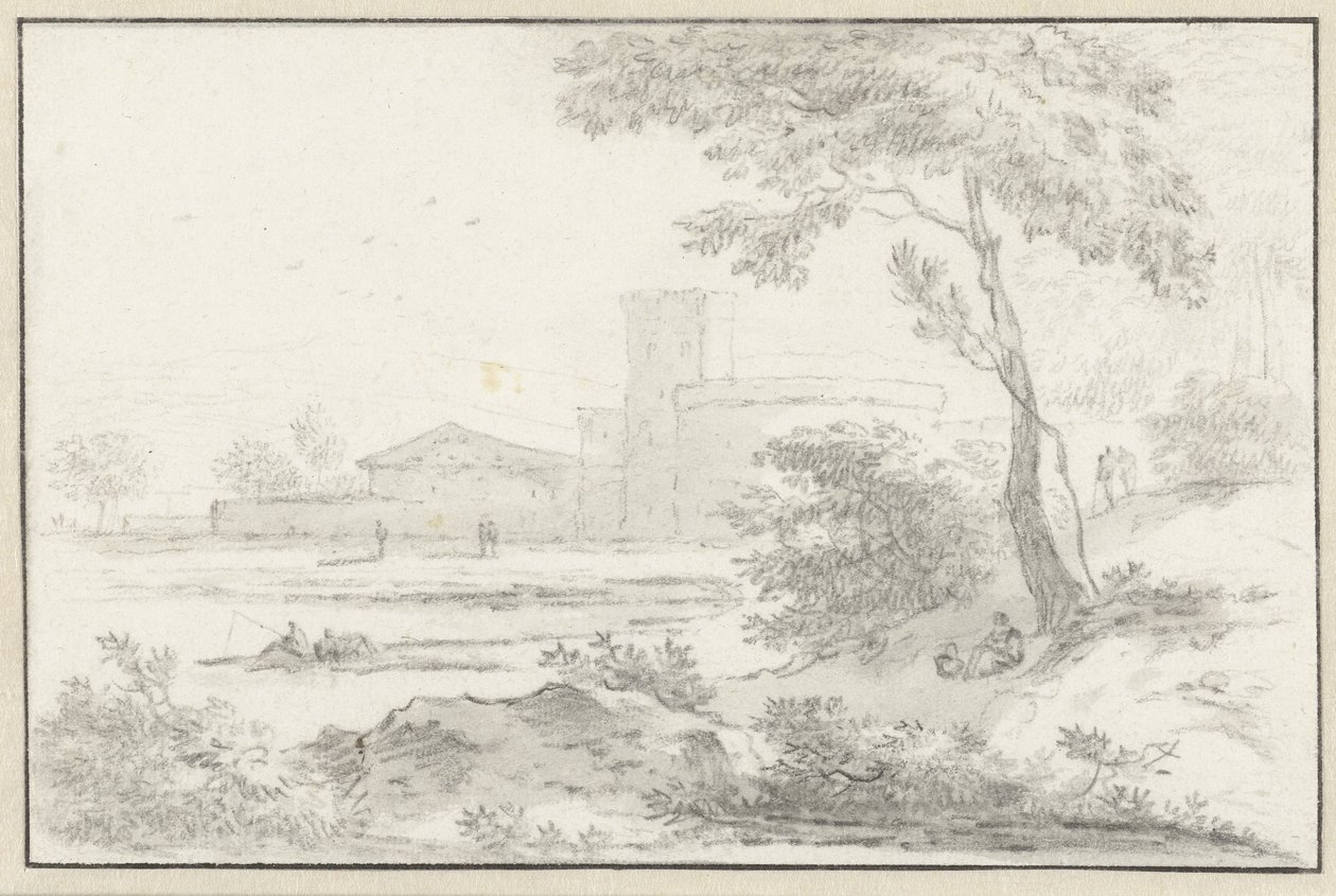 Paesaggio italianeggiante con edificio fortificato sullo sfondo da Hendrik van der Straaten