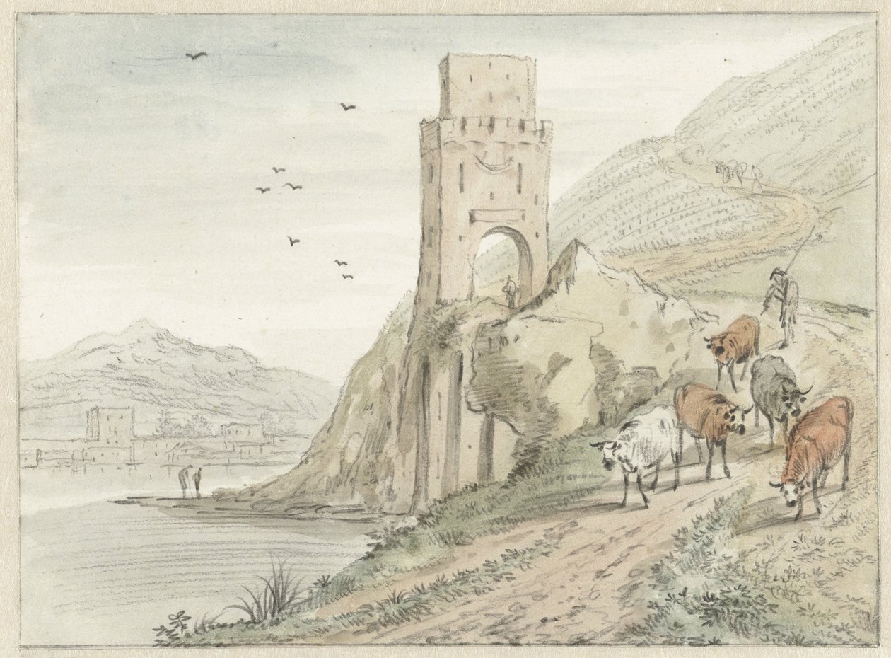 Paesaggio fluviale italianeggiante con montagne e una torre di guardia da Hendrik van der Straaten