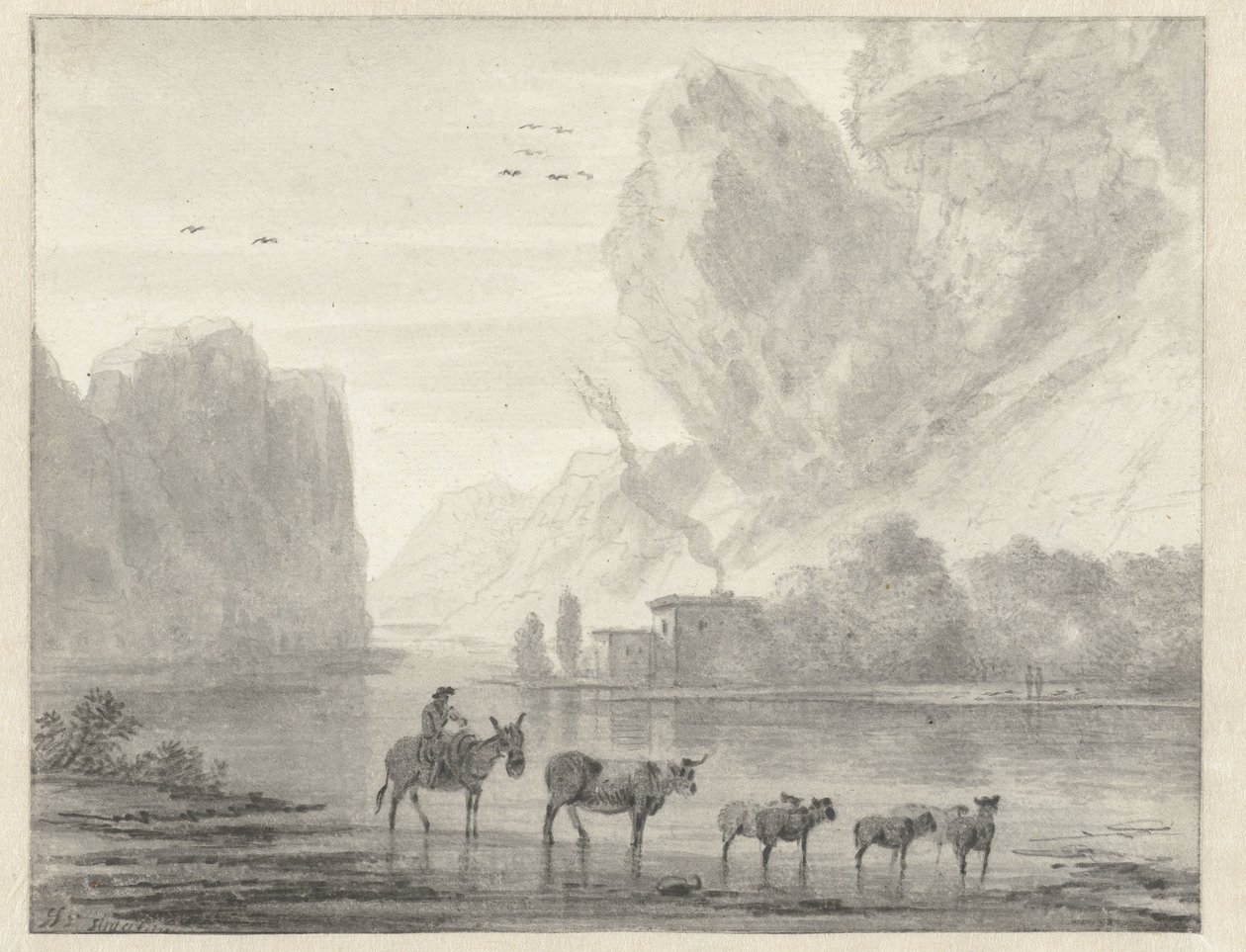Paesaggio fluviale roccioso con un pastore con il suo bestiame e pecore da Hendrik van der Straaten