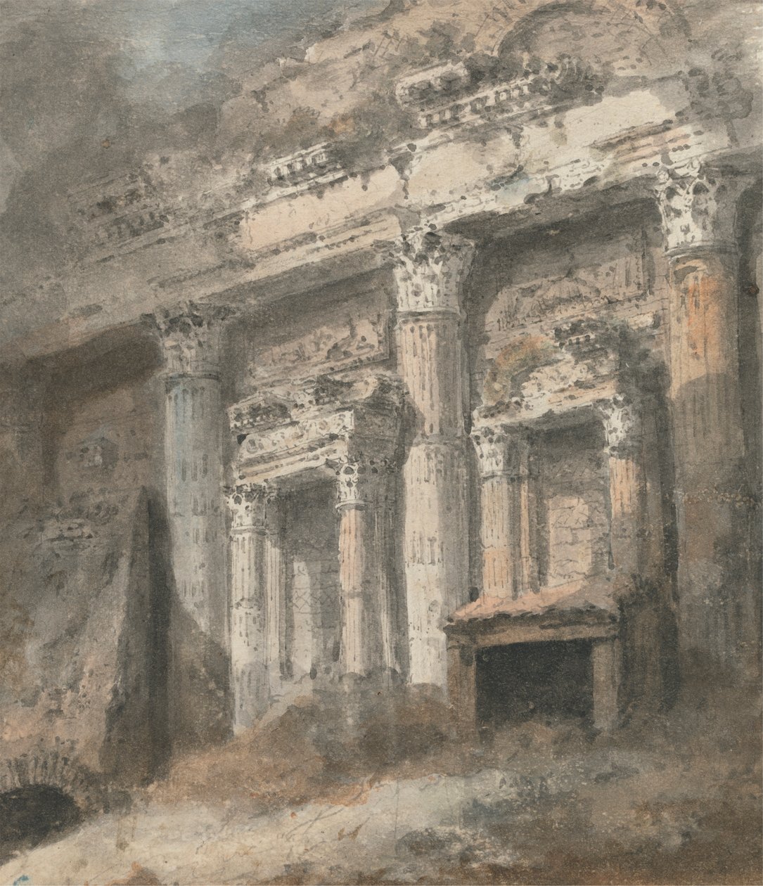 Facciata di un tempio romano in rovina (?), con colonne e portale da Heneage Finch fourth Earl of Aylesford
