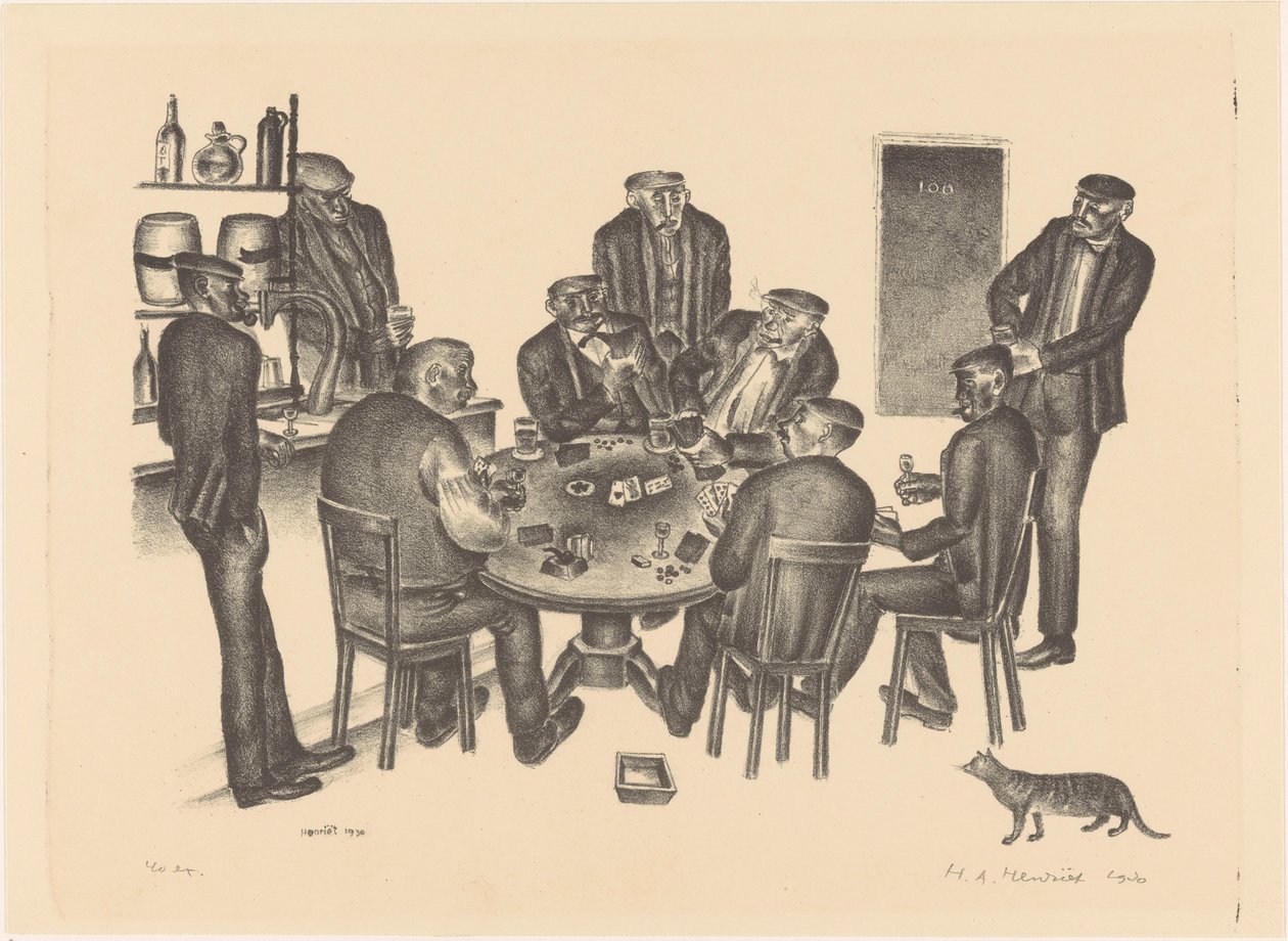 Uomini che giocano a carte in un bar da Henk Henriët (signed by artist)
