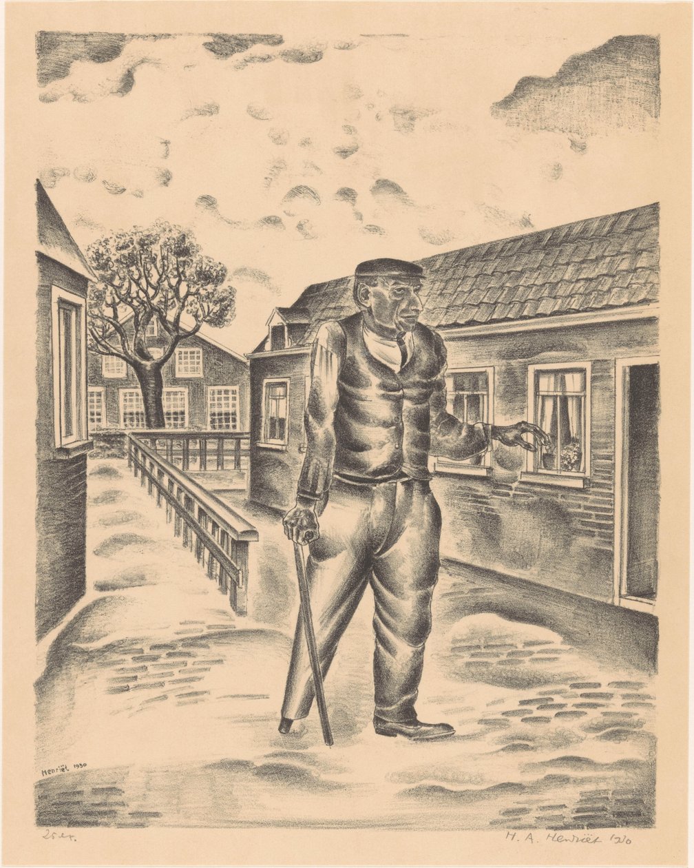 Uomo con gamba di legno e bastone da Henk Henriët (signed by artist)
