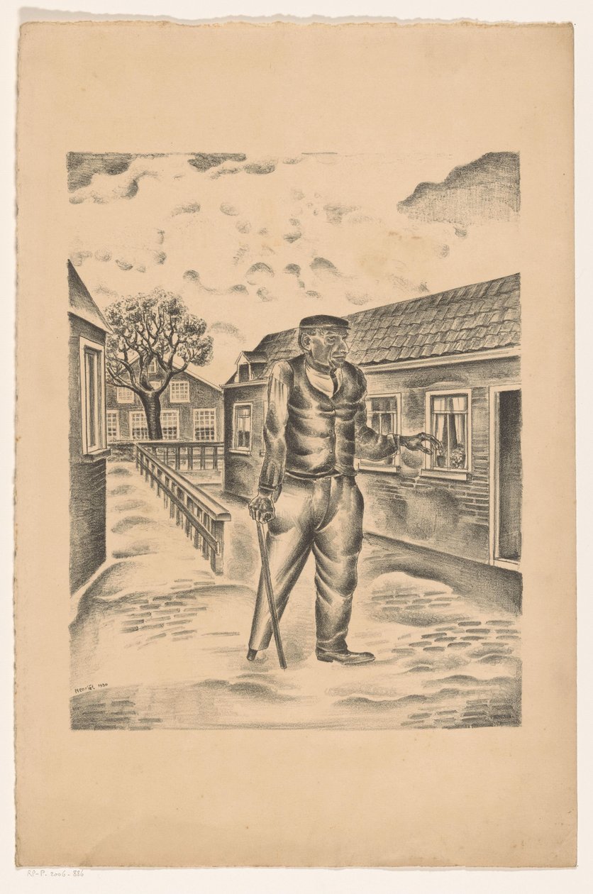 Uomo con gamba di legno e bastone in una strada di paese da Henk Henriët