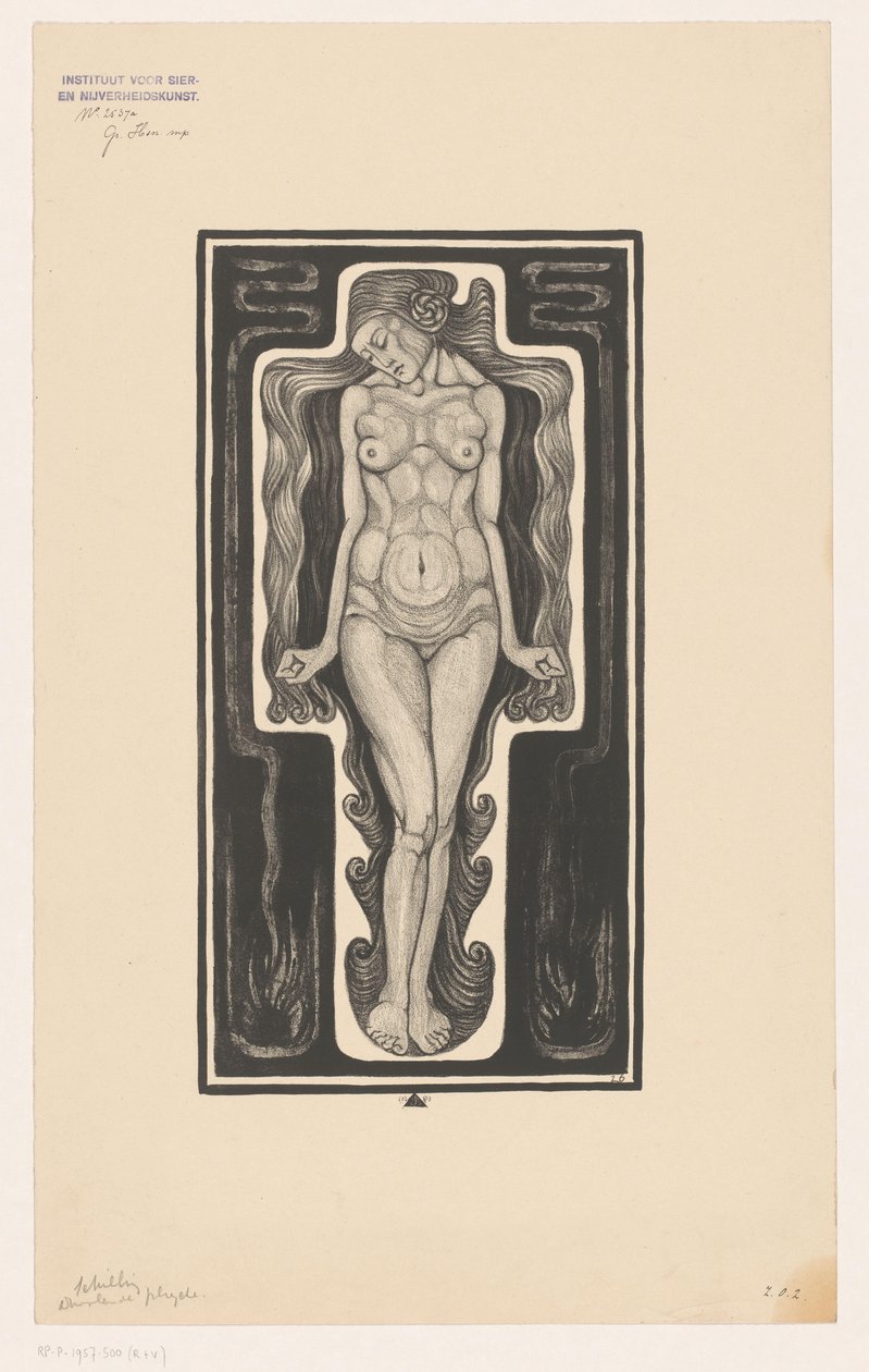 Donna nuda in piedi con capelli lunghi da Henk Schilling