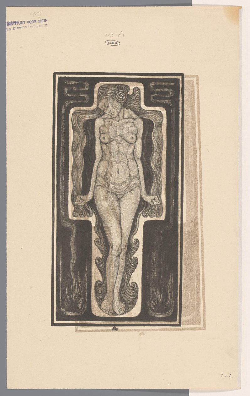Donna nuda in piedi con capelli lunghi da Henk Schilling