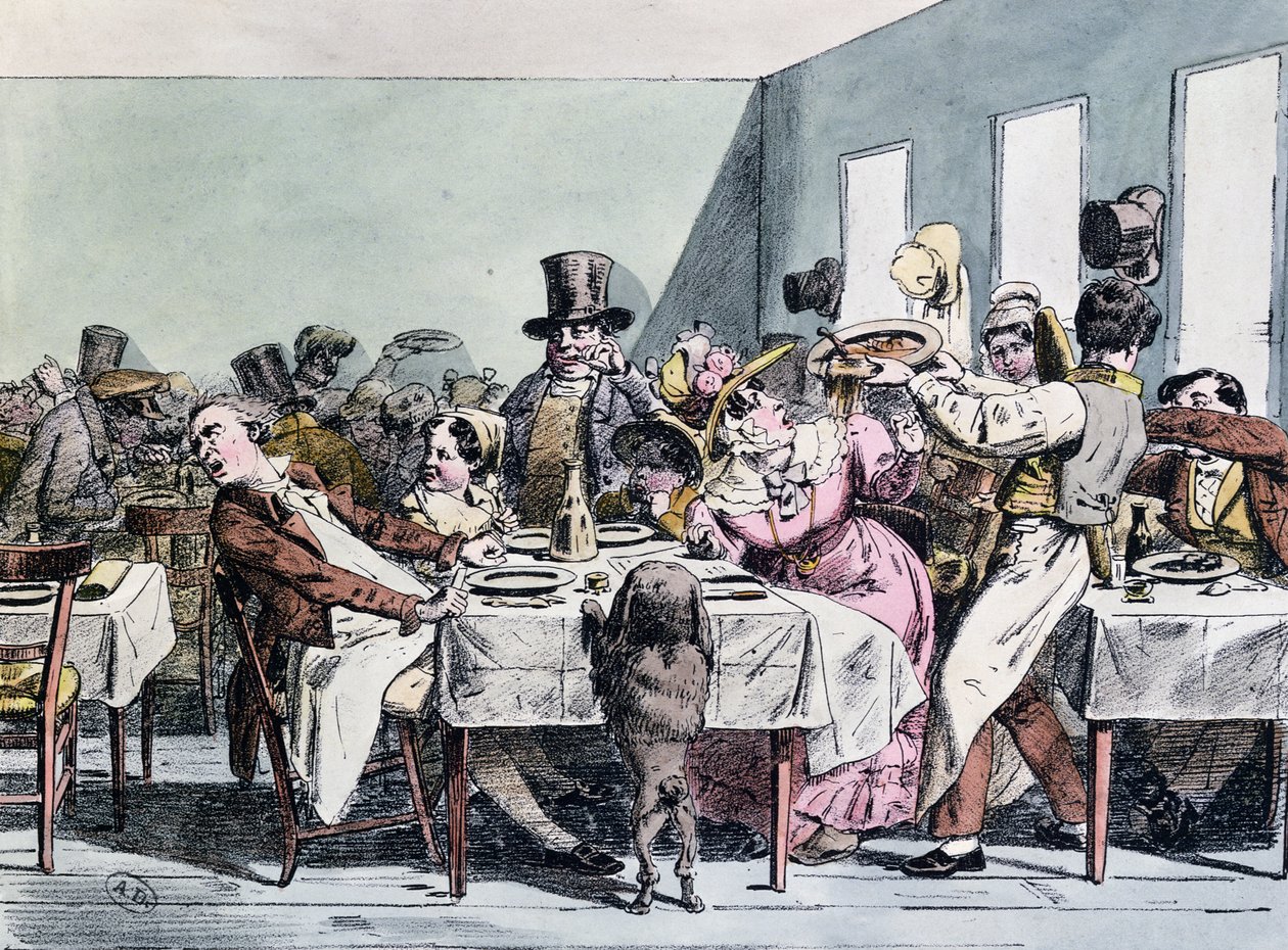 Esperienza deliziosa di una famiglia in un ristorante affollato, c.1860 da Henri Bonaventure Monnier