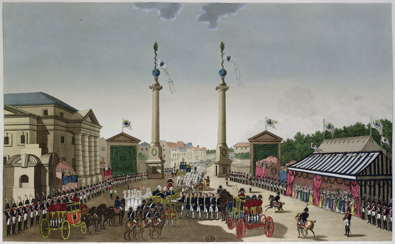 Presentazione delle chiavi di Parigi a Re Luigi XVIII alla Barriere Saint-Denis il 3 maggio 1814, c.1815-20 da Henri Courvoisier Voisin