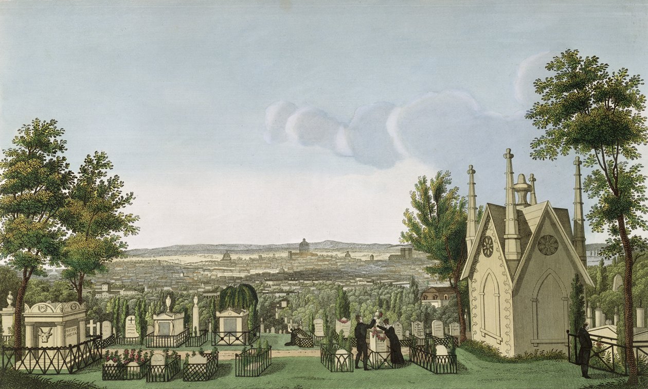 Veduta del cimitero di Père-Lachaise dalla Cappella Gotica, inciso da Guiguet da Henri Courvoisier Voisin