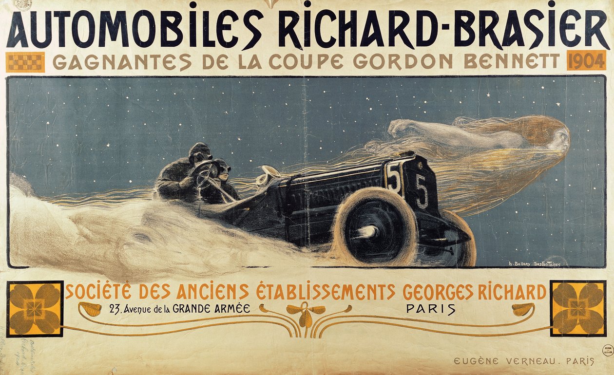 Poster che mostra Automobili Richard-Brasier vincendo la Coppa Gordon Bennett, 1904 da Henri Jules Ferdinand Bellery Defonaines