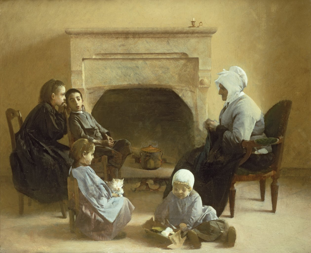Famiglia seduta intorno a un focolare da Henri Jules Jean Geoffroy