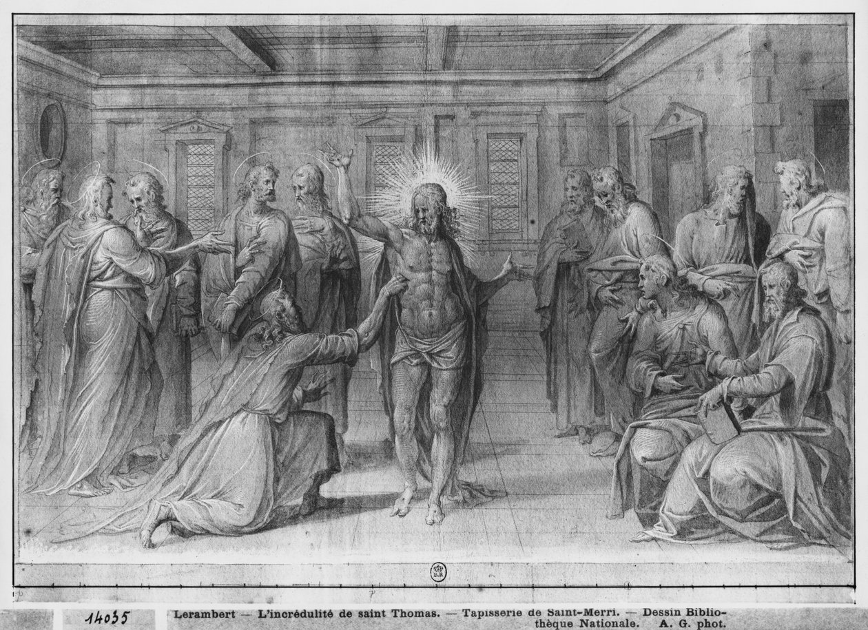 Vita di Cristo, Incredulità di San Tommaso, studio preparatorio del cartone per arazzo per la Chiesa Saint-Merri a Parigi, c.1585-90 da Henri Lerambert