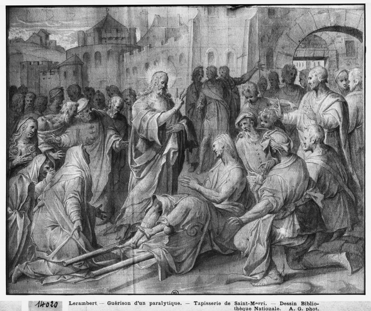 Vita di Cristo, Gesù guarisce un paralitico a Cafarnao, studio preparatorio del cartone per arazzo per la Chiesa Saint-Merri a Parigi, c.1585-90 da Henri Lerambert