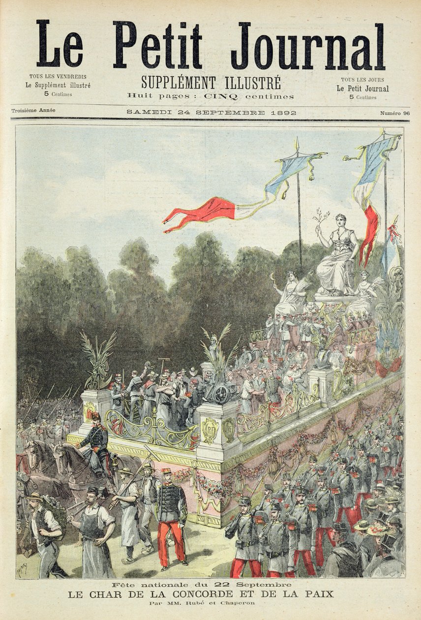 Pagina del titolo che raffigura la festa nazionale del 22 settembre che celebra il centenario della proclamazione della Repubblica, illustrazione dal supplemento illustrato di Le Petit Journal, 24 settembre da Henri Meyer