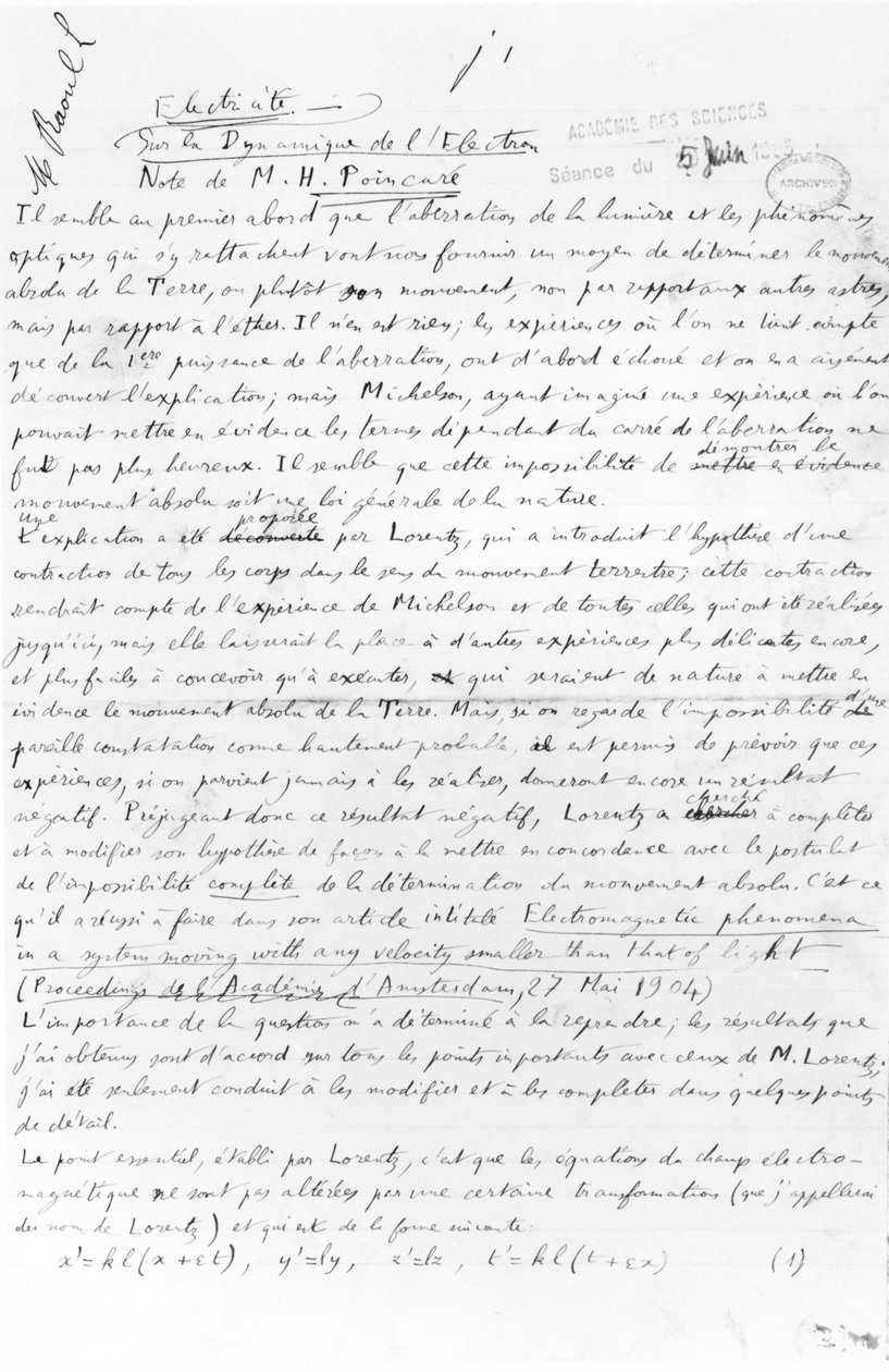 Manoscritto sulla dinamica degli elettroni, 5 giugno 1905 da Henri Poincare