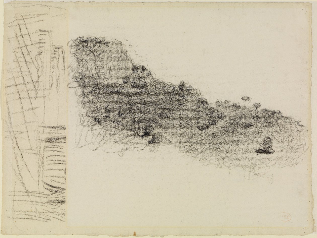 Catena collinare digradante verso destra nel sud della Francia, a sinistra frammento di un altro disegno da Henri-Edmond Cross