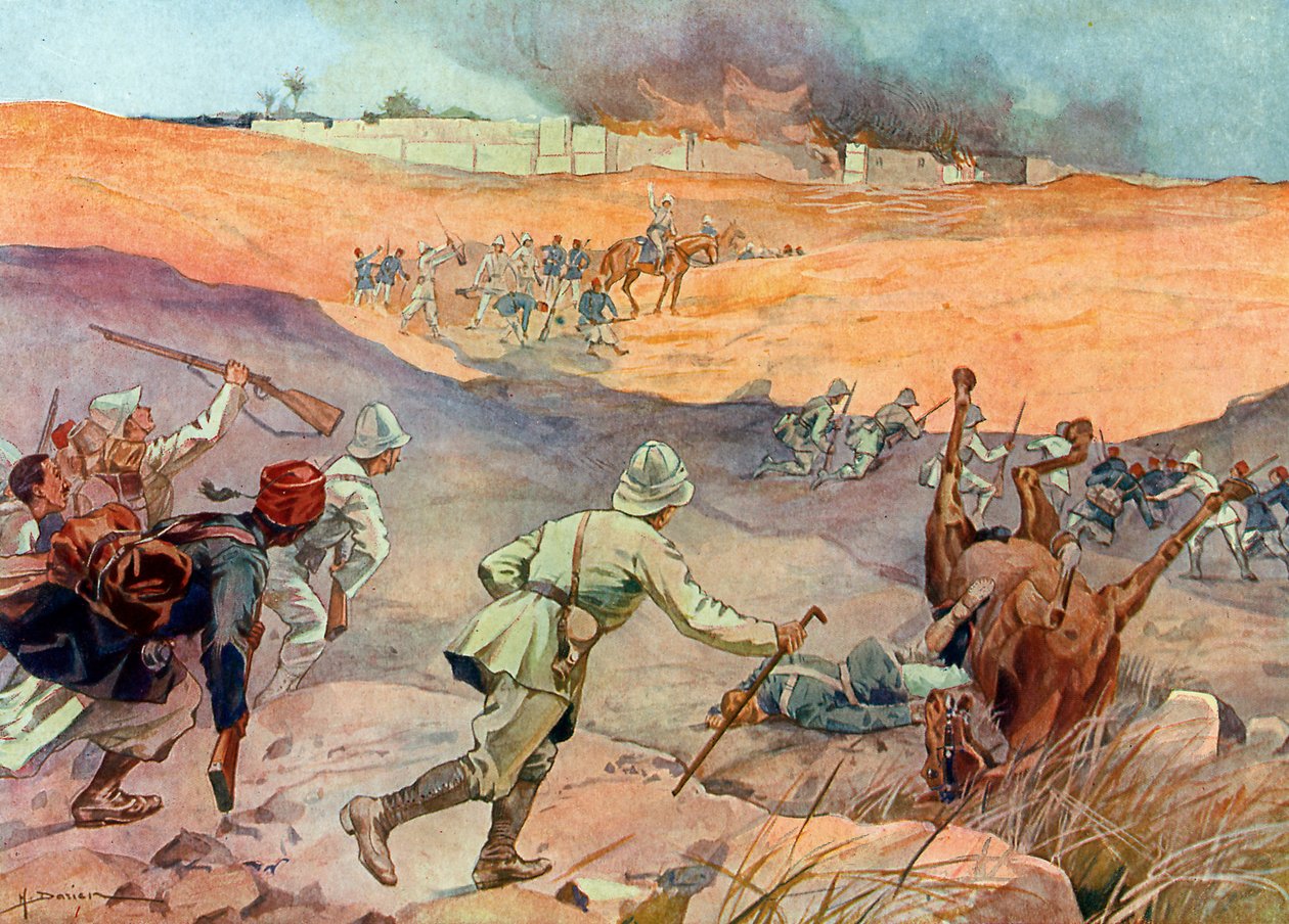 Conquista del Dahomey: "Le truppe del colonnello Dodds alle porte di Abomey" da Henri Gaston Darien