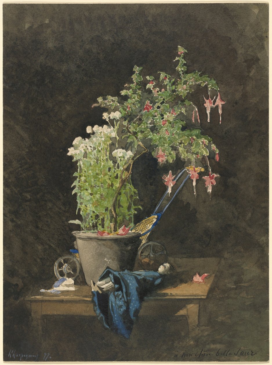Una fucsia in vaso con giocattoli per bambini da Henri-Joseph Harpignies