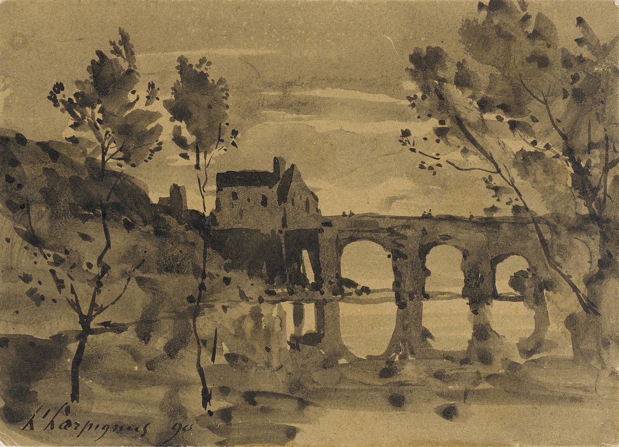 Paesaggio fluviale con ponte e casa da Henri-Joseph Harpignies