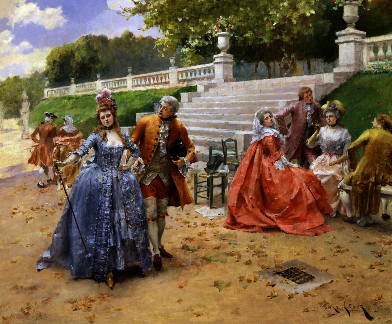 Una passeggiata pomeridiana. Una passeggiata pomeridiana. Conversazione e giovani che parlano. Dipinto di Henri-Victor Lesur (Henri Victor Lesur da Henri-Victor Lesur