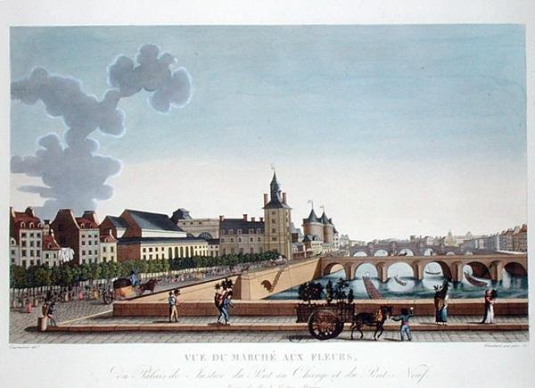 Veduta del mercato dei fiori presso il Palais de Justice, c.1816-20 (incisione colorata) da Henri (after) Courvoisier Voisin