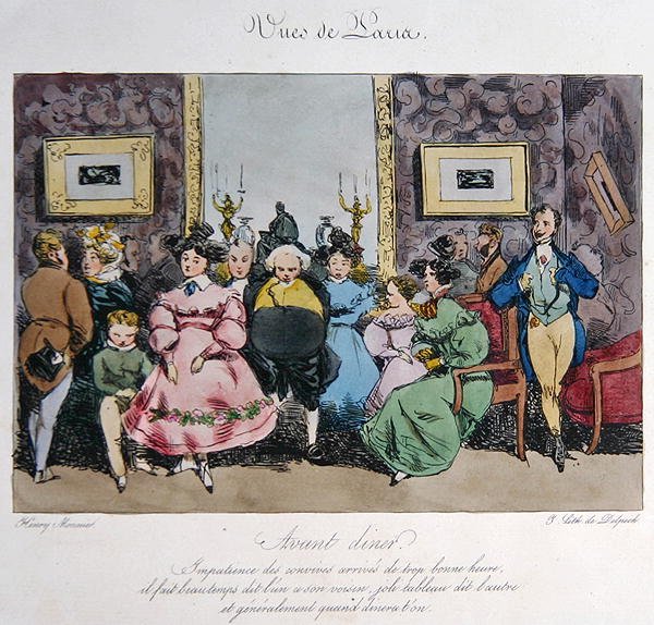 Raffigurazione umoristica del comportamento e della conversazione degli ospiti prima di cena, inciso da François Séraphin Delpech da Henri Bonaventure (after) Monnier