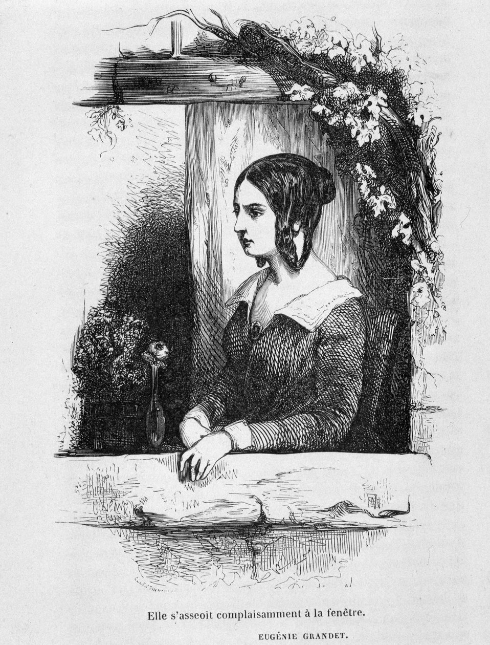 Eugenia Grandet alla sua finestra - in "Eugenia Grandet" di Balzac, ill. Henri Monnier, edizione originale del 1843 da Henri Bonaventure Monnier