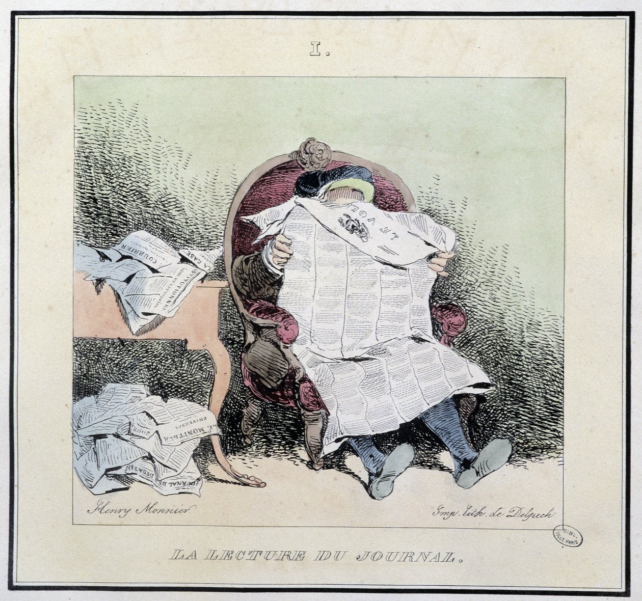 La lettura del giornale - in "Esquisses parisiennes" di Henri Monnier, ed. Delpech, Parigi da Henri Bonaventure Monnier