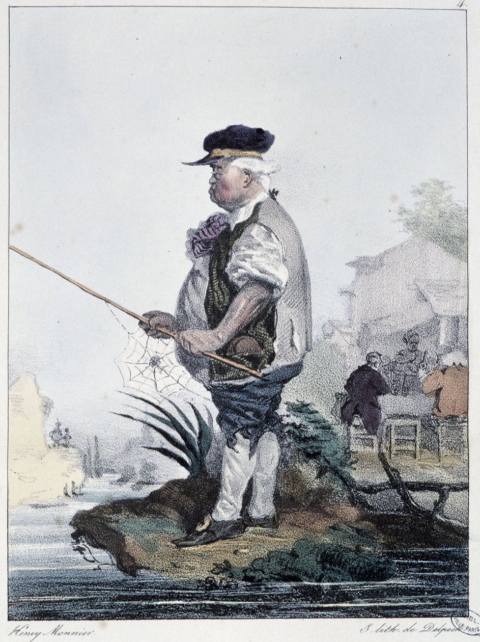 Uomo che pesca: “Ognuno prende il suo piacere dove lo trova” - in “Les pastemps” di Henri Monnier, ed. Delpech, Parigi da Henri Bonaventure Monnier
