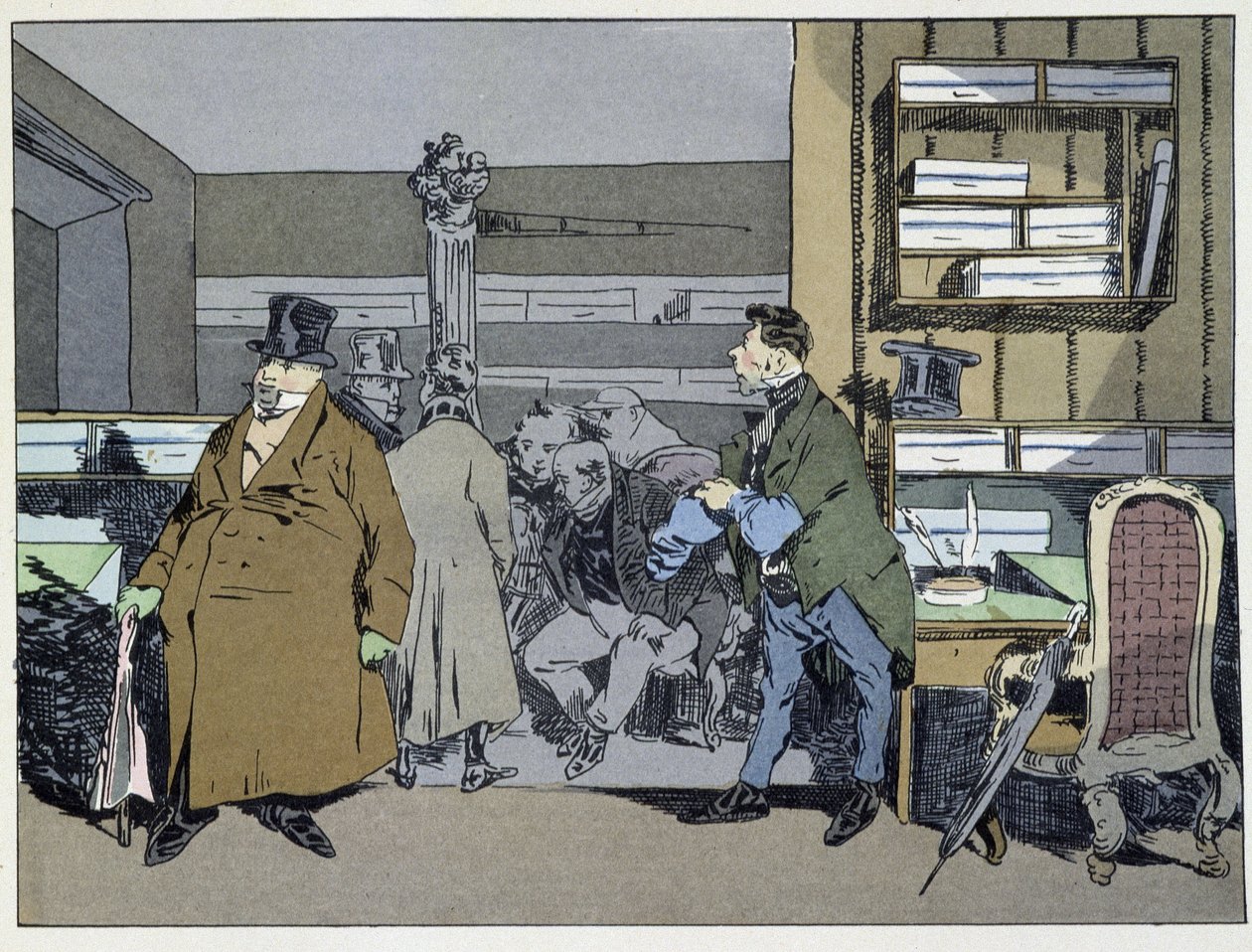 Nove ore: arrivo degli impiegati, cambio di costumi, piccolo tour della stufa - in "Costumi amministrativi" di Henri Monnier da Henri Bonaventure Monnier